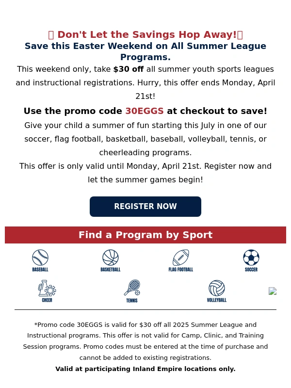i9 Sports - ? Hop into Summer with $30 off League Programs!