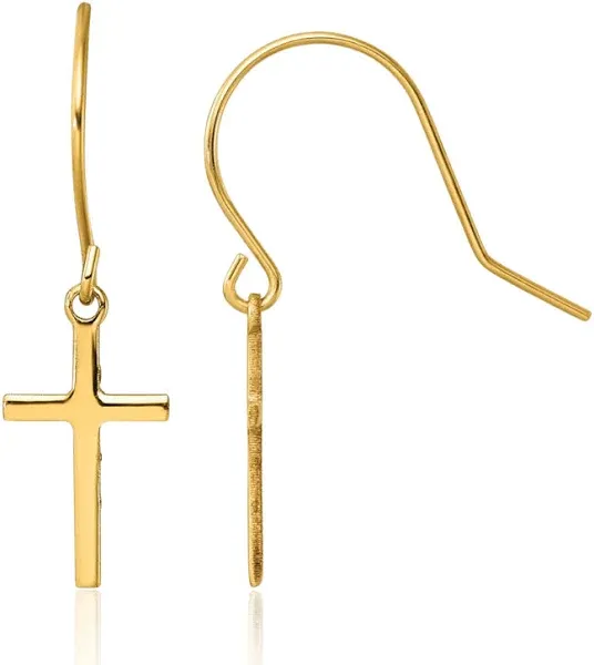 14K Solid Yellow Gold Holy Cross Drop Earrings