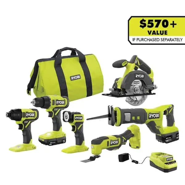 6-Tool Ryobi ONE+ 18V Cordless Combo Kit w/ 1.5Ah + 4.0Ah Batteries & Charger
