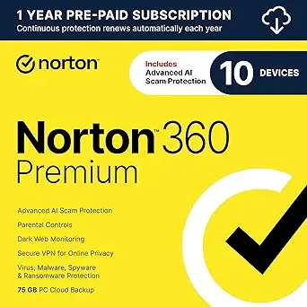 Norton 360 Premium 2025, Antivirus software for 10 Devices with Auto-Renewal – Includes Advanced AI Scam Protection, VPN, Dark Web Monitoring & PC Cloud Backup [Downloa $29.99