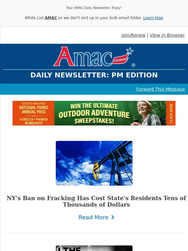 AMAC - NY's Ban on Fracking Has Cost State's Residents Tens of Thousands of Dollars - Your AMAC Daily Newsletter: PM Edition