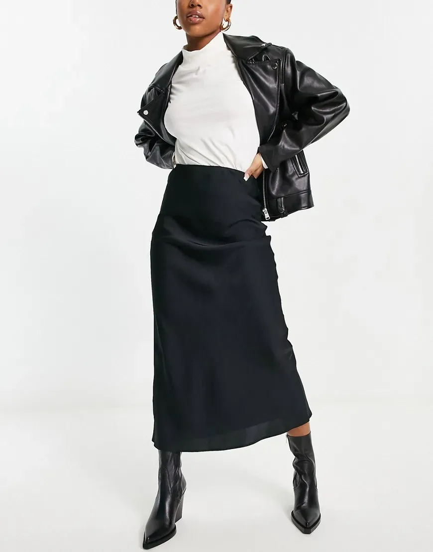 ASOS DESIGN satin bias midi skirt in black