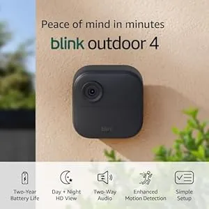 Blink Outdoor 4 (newest model), Wire-free smart security camera, two-year battery life, two-way audio, HD live view, enhanced motion detection, Works with Alexa – 6 camera system