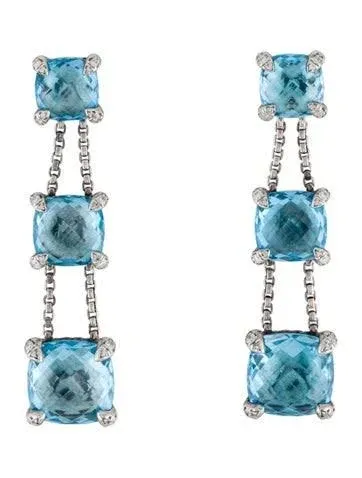 David Yurman Chatelaine Linear Chain Earrings with Blue Topaz and Diamonds