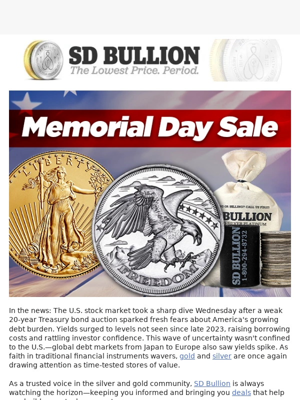 SD Bullion - ? Memorial Day Sale: Silver Rounds at $0.99 over Spot & Big News for Stackers