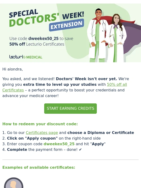 Lecturio - ? Doctors' Week Extended: 50% Off ECTS Certificates!
