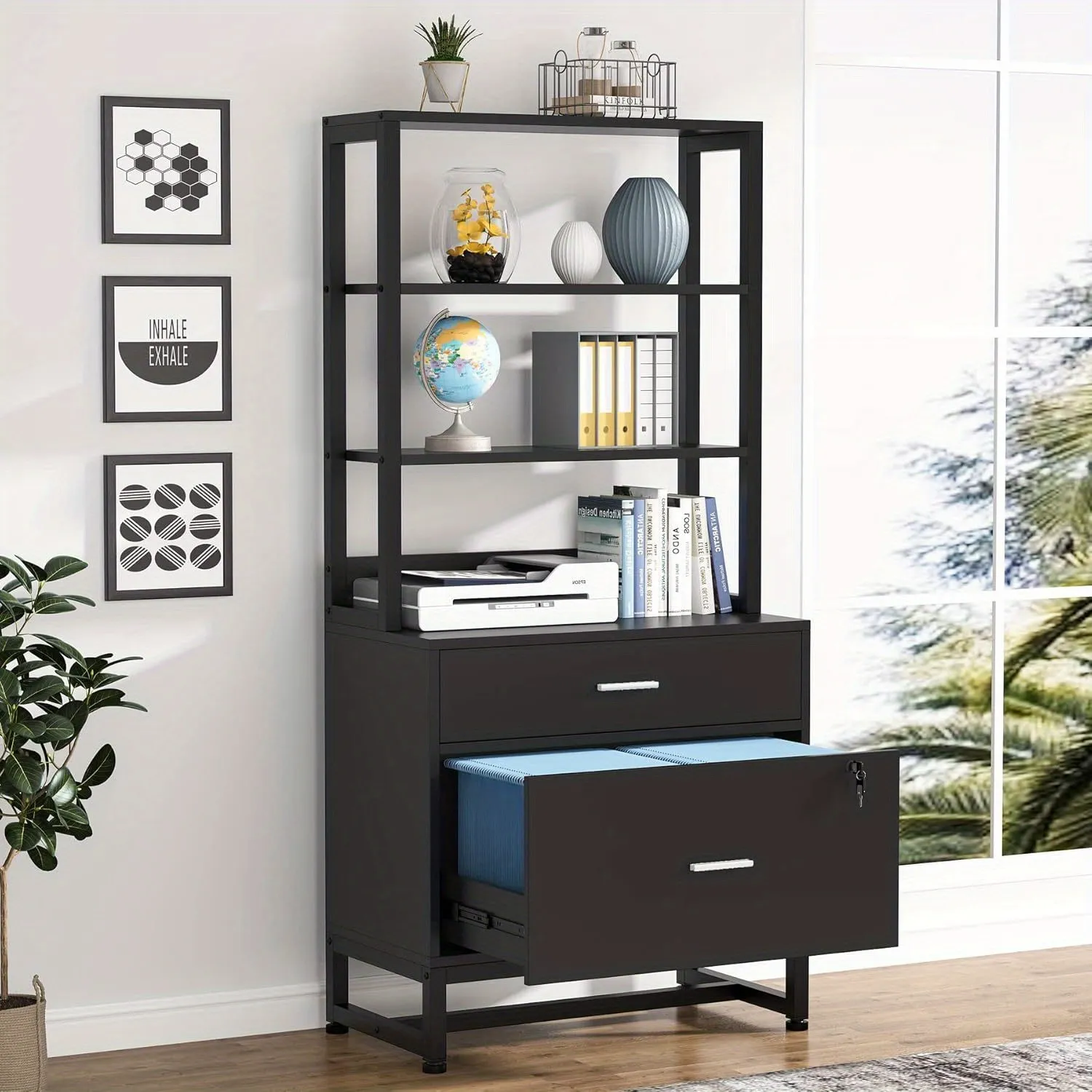 Vertical File Cabinet with 2 Drawers and Open Shelves