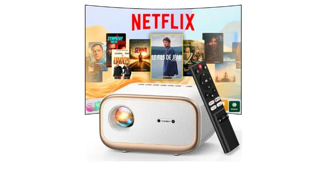 VIZONY E1 Pro Netflix-Certified Smart Projector, 550 ANSI Lumens, WiFi Bluetooth, Auto Focus & Keystone, Native 1080P & 4K Support, Full-Sealed Optical Engine, Portable Home Theater for Indoor/Outdoor