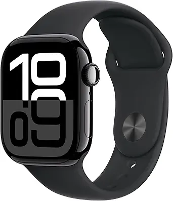 Apple Watch Series 10 [GPS + Cellular 42mm case] Smartwatch with Jet Black Aluminium Case with Black Sport Band - S/M. Fitness Tracker, ECG App, Always-On Retina Display, Water Resistant