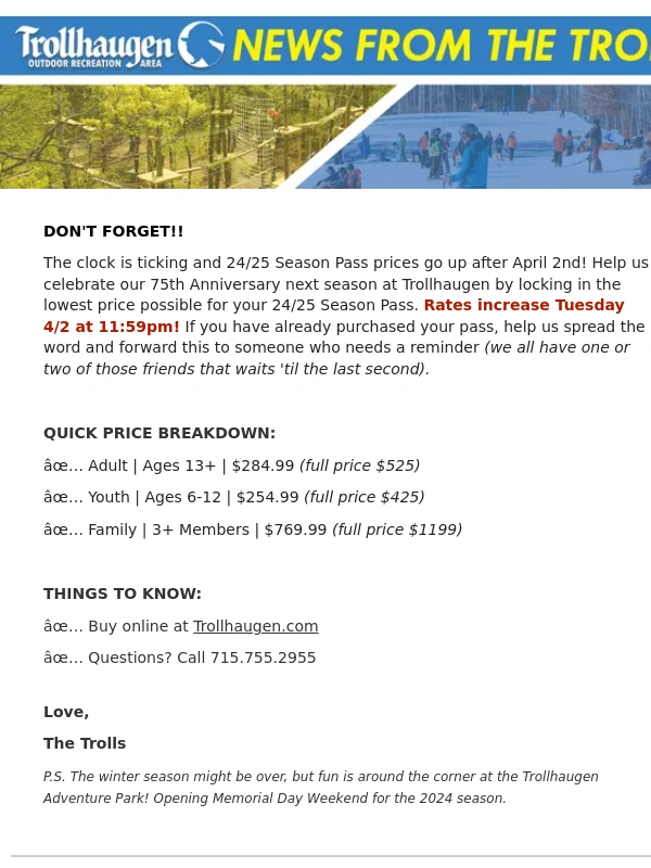 Trollhaugen - PASS PRICES GO UP 4/2! | 24/25 Pass Sale ends 4/2 @ 11:59pm,don't wait!
