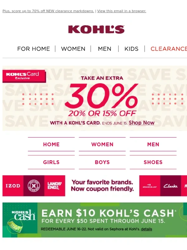 Kohls - Take 30%,20% or 15% off + rack up the Kohl's Cash ?