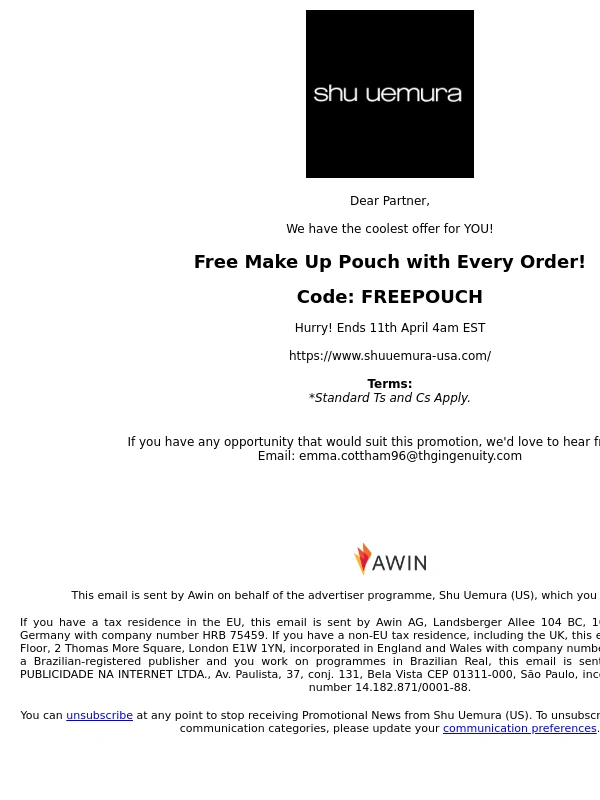 Shu Uemura - Fwd: Shu Uemura (US) (53199): New Offer: FREE Make Up Pouch!