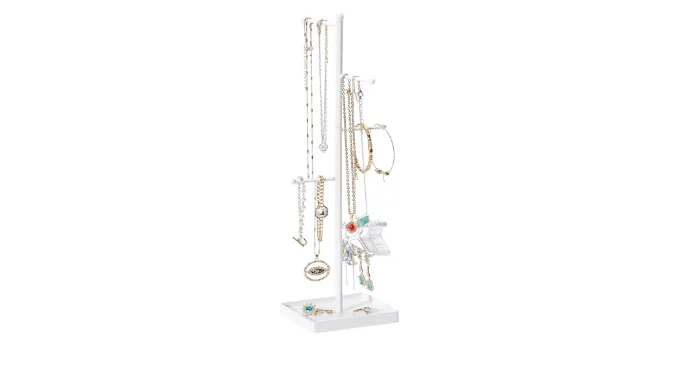 Lolalet Jewelry Organizer Storage Jewelry Holder Stand with 10 Earring Hanger Rack, 6 Tiers Necklace Holder Tree with Bottom Tray for Women Girls Necklaces Earrings Bracelets Rings -White