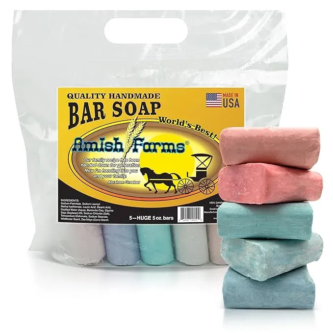 Amish Farms Soap Bar with All Natural Bentonite Clay | Made in USA, Vegan Moisturizing for Sensitive Skin | Women & Mens Face & Body Bath Soap for Shower | Clean Scent | 5 Ounce Each (5 Bars)