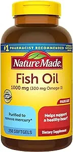 Nature Made Fish Oil Omega 3 Supplements, 1000mg Softgels, Omega 3 Fish Oil for Healthy Heart Support, 250 Softgels, 125 Day Supply