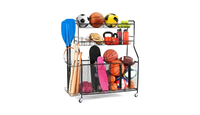 HOME IT Garage Sports Equipment Organizer – Garage Ball Storage Rack Organizer Holder with Baskets, Rolling Wheels & Breaks – Large Capacity Heavy Duty Steel Ball Storage Cart