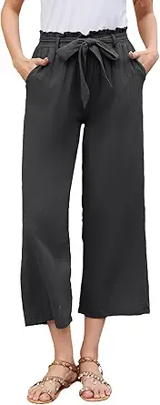 BATHRINS Women Cotton Linen Casual Flowy Pants Boho Tie Knot Palazzo Beach Pants Loose Wide Leg Trousers with Pockets