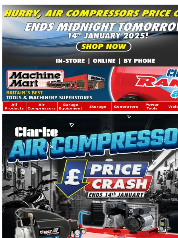 Machine Mart - Last Chance - Air Compressors Price Crash Ends Midnight Tomorrow - Save £££s