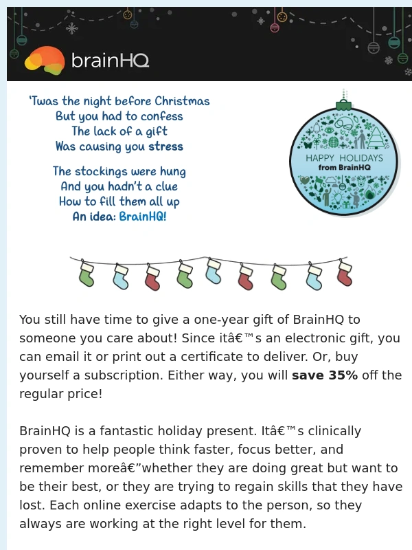 BrainHQ - Last minute gift? BrainHQ to the rescue,for 35% less