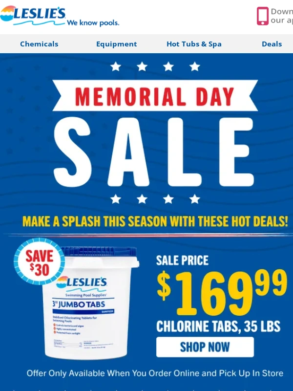 Leslies Pool - Memorial Day Sale – $30 Off Tabs!