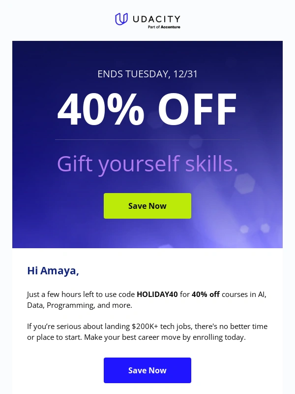 Udacity - ⏰ LAST CHANCE: 40% off your subscription