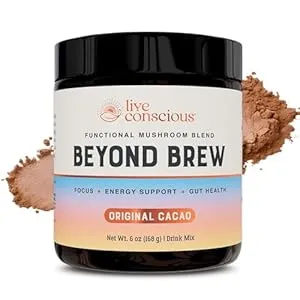 Live Conscious Beyond Brew - Coffee Alternative - Low Caffeine - Mushroom Complex w/Lions Mane, Reishi, Cordyceps & Chaga for Sustained Focus, Energy & Immunity - w/Prebiotics & Probiotics - 30