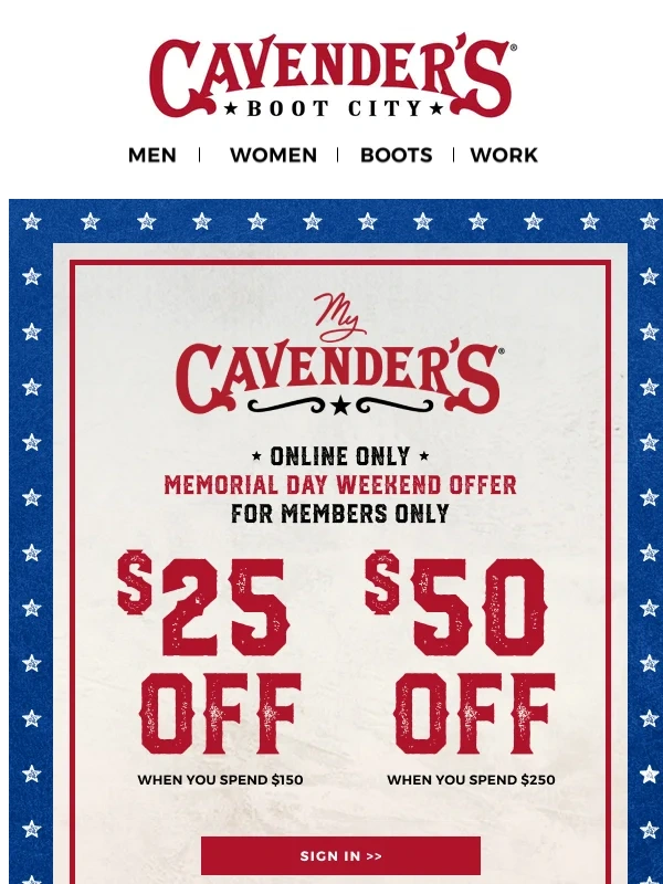Cavender's - Red,white & boots—save up to $50!