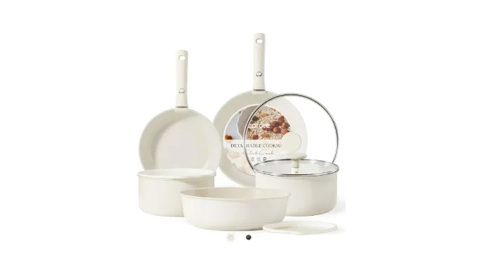 CAROTE 11pcs Pots and Pans Set, Nonstick Cookware Detachable/Removable Handle, Induction RV Kitchen Set, Oven Safe, Cream White