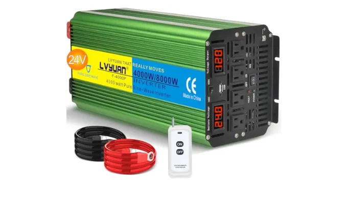 LVYUAN 4000 Watt Heavy Duty 8000(Peak) Pure Sine Wave Power Inverter 24V DC to 110V 120V AC Converter with 4 sockets,LED Display,Remote Control and USB Port for Family,RV, Truck,Road Trip,Emergency