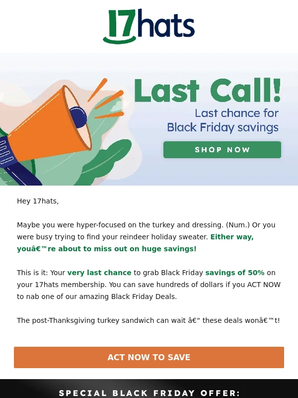 17hats - Last call: Black Friday Deals are slipping away