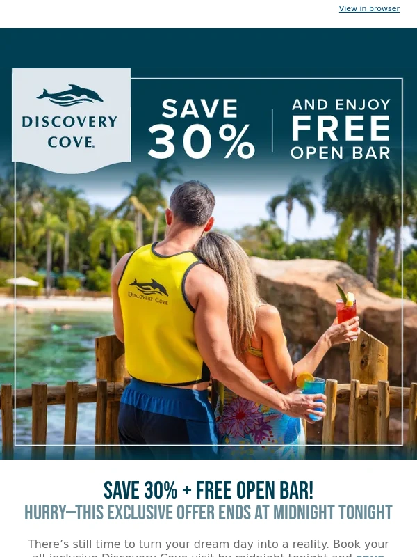 Discovery Cove - ❗ FINAL HOURS: Save 30% + Get Free Premium Drink Package