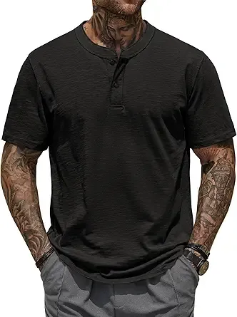 Herberton Mens Henley Shirts Basic Casual Stretch Solid Color Short Sleeve T-Shirts (S-XXL)
