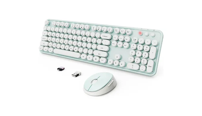 Wireless Keyboard and Mouse Combo, Ergonomic Full Size Typewriter Retro Round Keycaps Keyboard, Compatible with Windows, PC, Perfer for Home and Office Keyboards（Green）