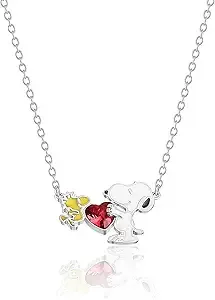 Peanuts - Snoopy and Woodstock Red Crystal Heart Necklace, 18", Silver Plated, Official License