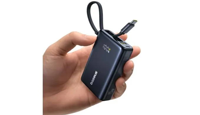 Baseus Power Bank, Picogo 10000mAh 45W 3-Output Portable Charger with Built-in USB-C Cable, PPS/PD QC Fast Charging External Battery Pack for iPhone 16/15/14/13 Series, Samsung S22 S21 Google iPad etc