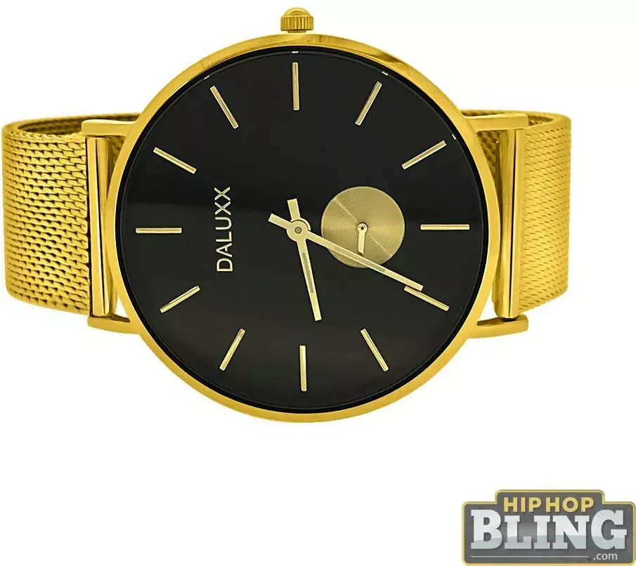 HipHopBling Gold Subdial Mesh Band Watch Black Dial