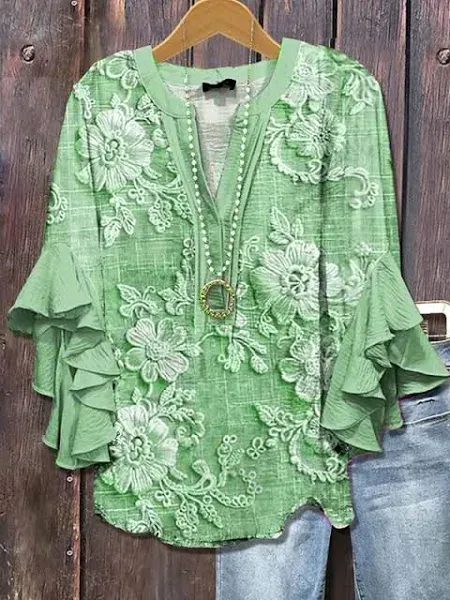 LightInTheBox Women's Boho Floral Graphic 3/4 Sleeve V Neck Blouse