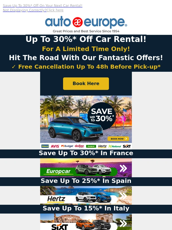 Auto Europe - Make The Most Of Your Car Rental With Up To 30% Off!