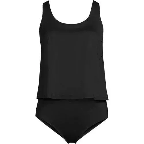 Lands' End Women's Scoop Neck One Piece Fauxkini Swimsuit - 2 - Black