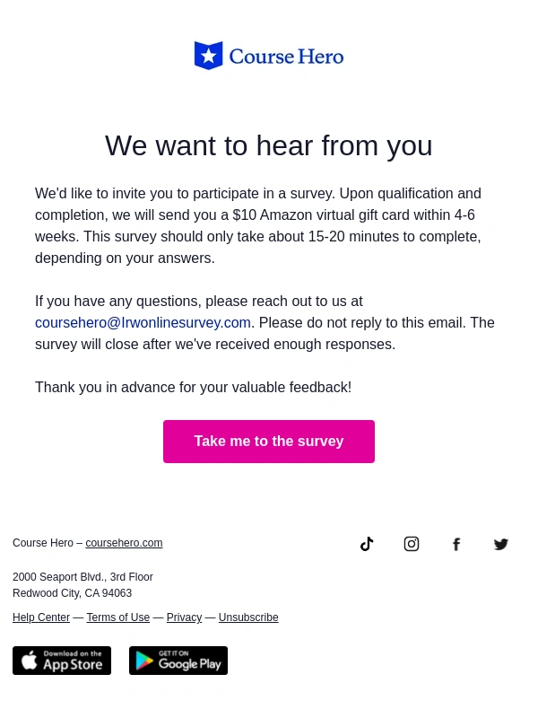 Course Hero - Get a $10 Amazon gift card for sharing your opinion with us