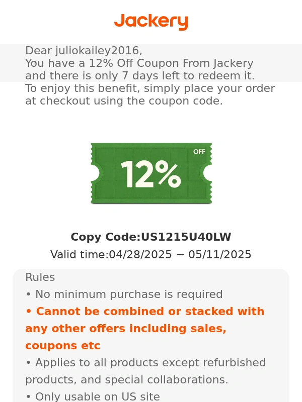 Jackery - You have 7 days left to redeem a 12% Off Coupon. Get this fantastic offer now!