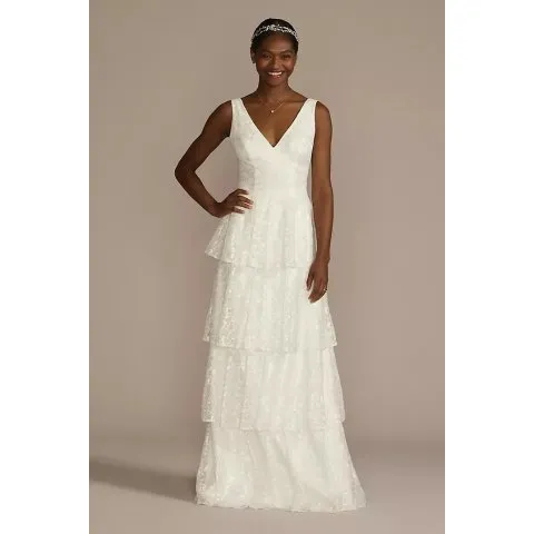 David's Bridal V-Neck Tiered Lace Tank Wedding Dress