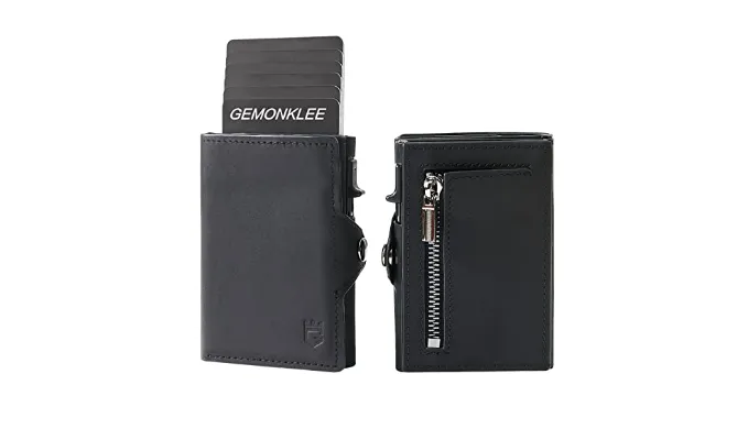 Gemonklee Wallet For Men Pop up Card Wallet RFID Blocking Slim Aluminum Metal Bank Card Holder Case with Business Money Pocket for Credit Cards Notes and Coins (Black)