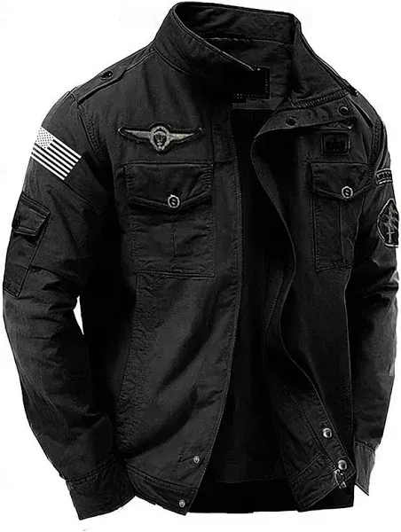 Men's Cotton Embroidered Military Jacket with Shoulder Straps Long Sleeve Standing Collar Multi-Pockets Trucker Jacket US Flag Print Tactical Outerwea