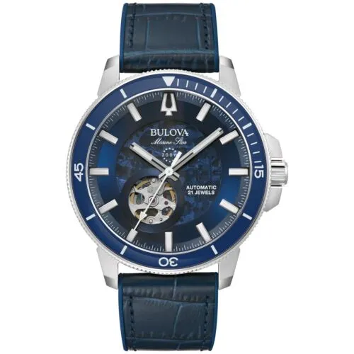 Bulova Marine Star Skeleton Mens Automatic Blue Leather Watch 45 MM 96A291