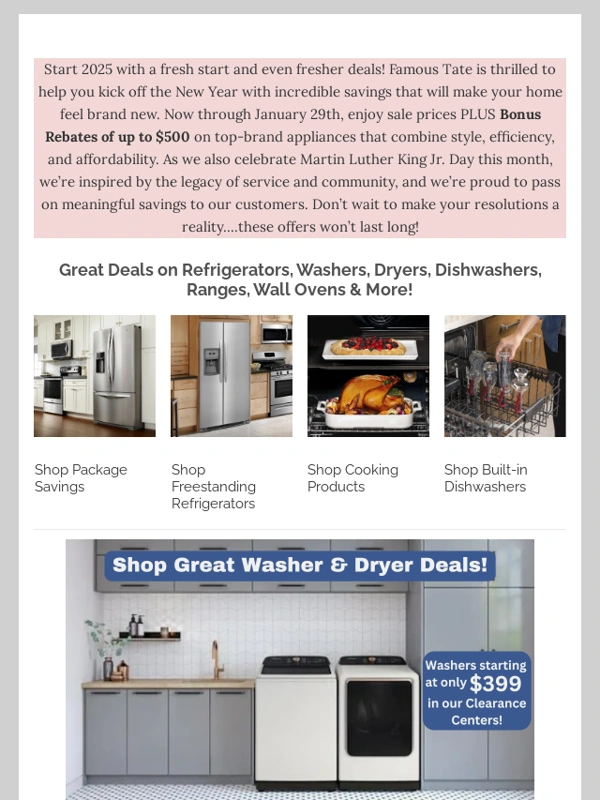 Famous Tate - New Years Savings & Bonus Rebates up to $500!
