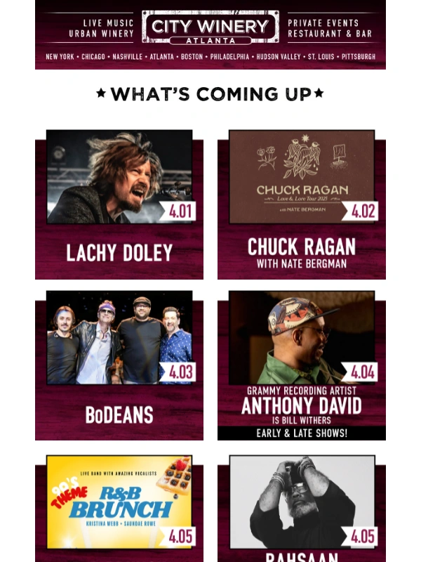 City Winery - Rahsaan Patterson,Dave Hollister,Peabo Bryson & More This April at City Winery Atlanta! ?✨?