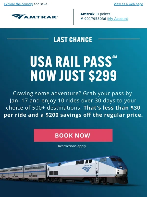 Amtrak - Ends Tomorrow: $200 Off USA Rail Pass ⛰️