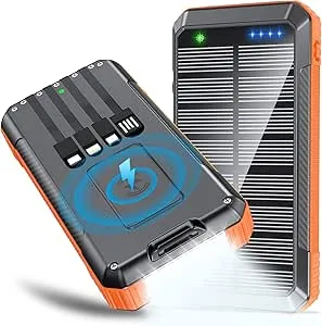 DJKK Solar Power Bank Wireless Charger 33800mAh Built in 4 Cables and LED Camping Lights 22.5W Fast Charging Power Bank 7 Outputs 4 Inputs Portable Charger Compatible with All Mobile Devices (Orange)