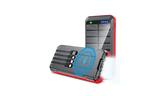DJKK Solar Power Bank Wireless Charger 33800mAh Built in 4 Cables and LED Camping Lights 22.5W Fast Charging Power Bank 7 Outputs 4 Inputs Portable Charger Compatible with All Mobile Devices (Red)